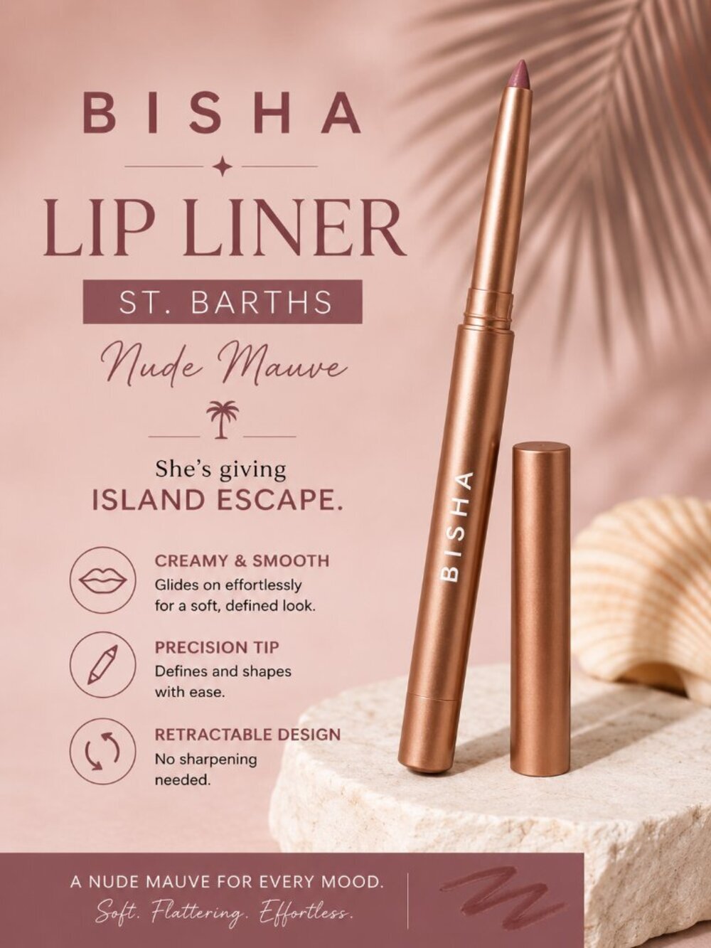 Bisha Lip Liner St. Barths Nude Mauve Retractable Lip Pencil Longwear